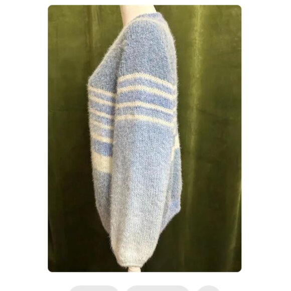 Blue and White Striped Fuzzy Sweater, Soft Women’s Knit Pullover Cozy - Picture 6 of 11
